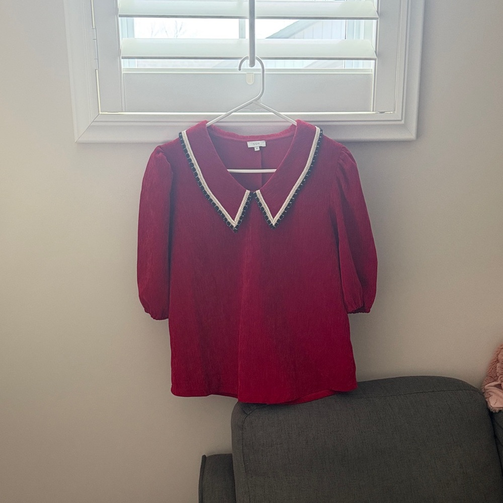 Red Pleated Collar Top with Embellished Trim - Women